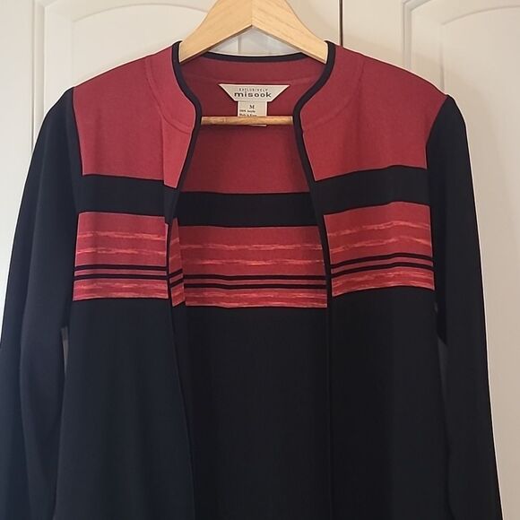 Exclusively Misook Long Sleeve Open Front Cardigan Blazer Black Red Size M - Picture 2 of 10